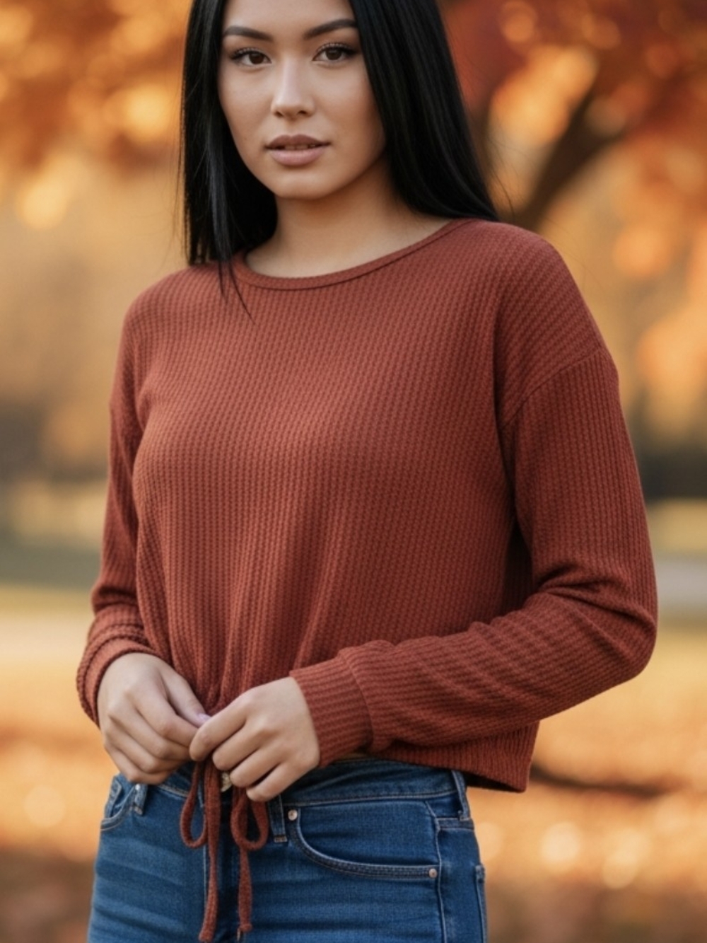 Hollister Women's Rust Tie-Hem Waffle Knit shirt